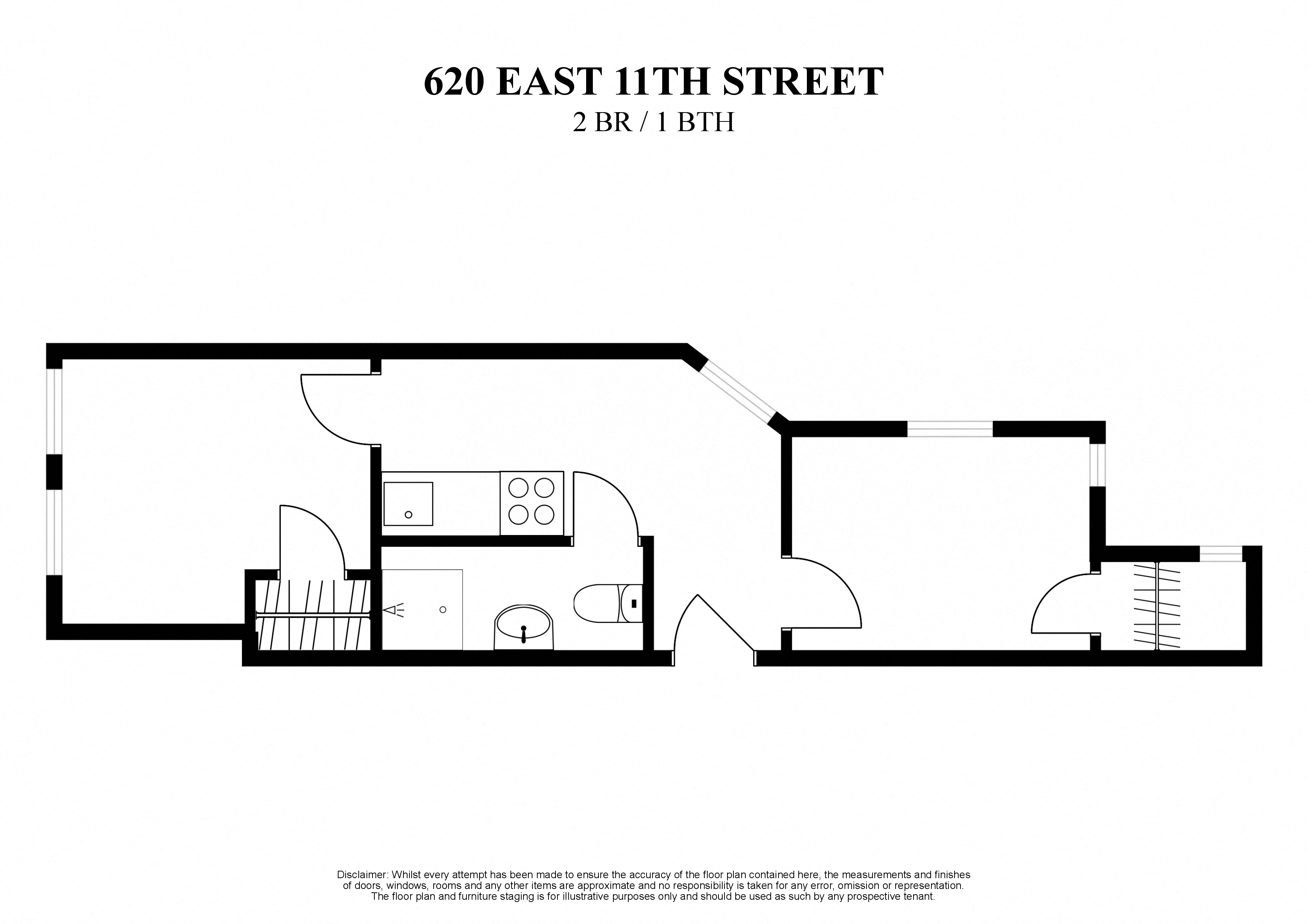 Floor plan for 2 beds, 1 bath, 300 sqft